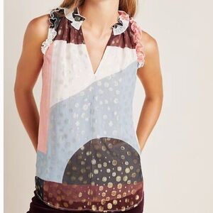 Anthropologie Maeve Fantasia Metallic Clip Dot Blouse Size 6 Ruffle Blouse